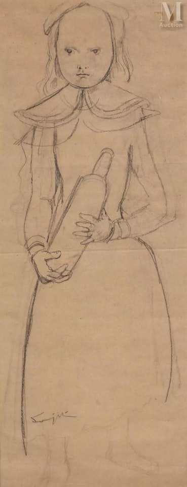 Young girl with a collar with a bottle of milk by Leonard Tsuguharu Foujita