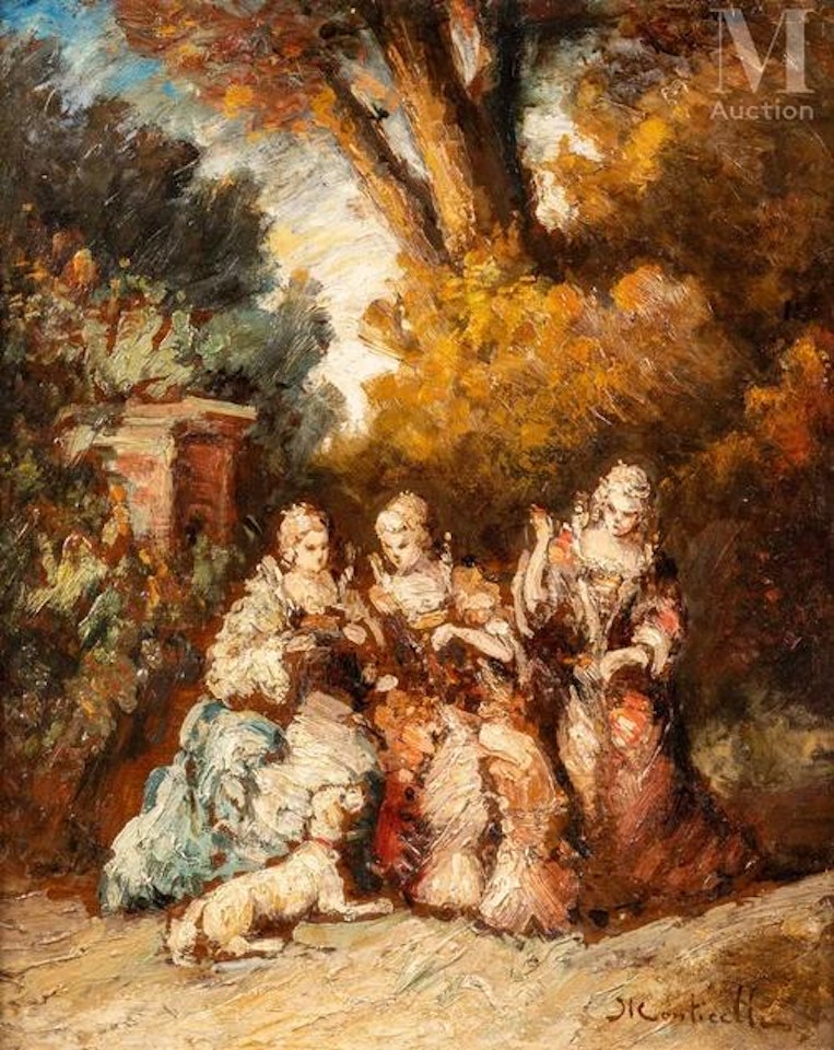 Elegant women and their dog in a park by Adolphe Monticelli