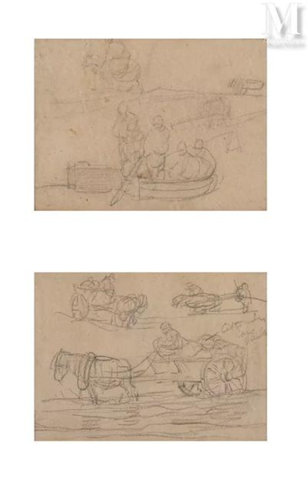 Fishermen in boats/carts by Eugène Boudin