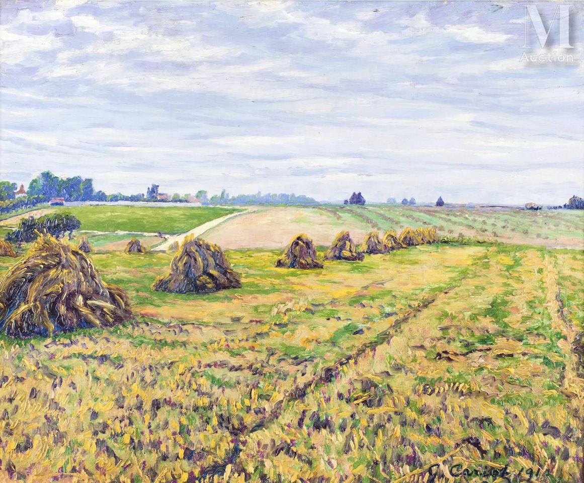 Field with sheaves of straw in autumn by Gustave Cariot