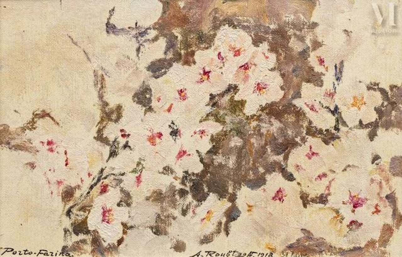 Almond Trees in Bloom, Portofarina Almond trees in bloom, Portofarina by Alexandre Roubtzoff