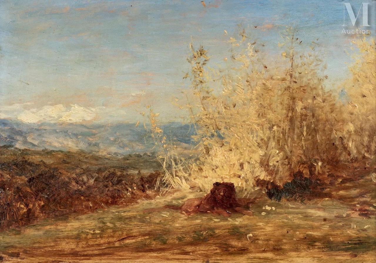 Lion in a landscape by Félix Ziem