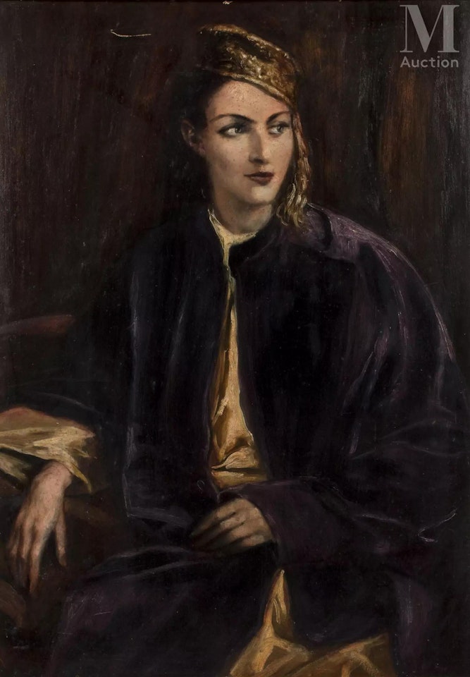 Portrait of a woman with a yellow hat and purple coat by Emile Bernard
