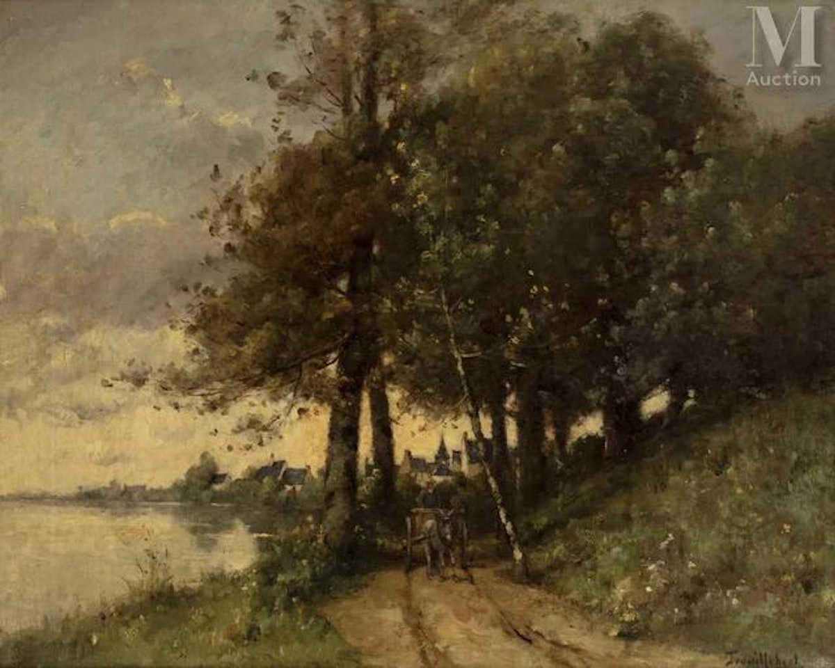 A donkey cart on the banks of the Vienne, in Candes by Paul Désiré Trouillebert