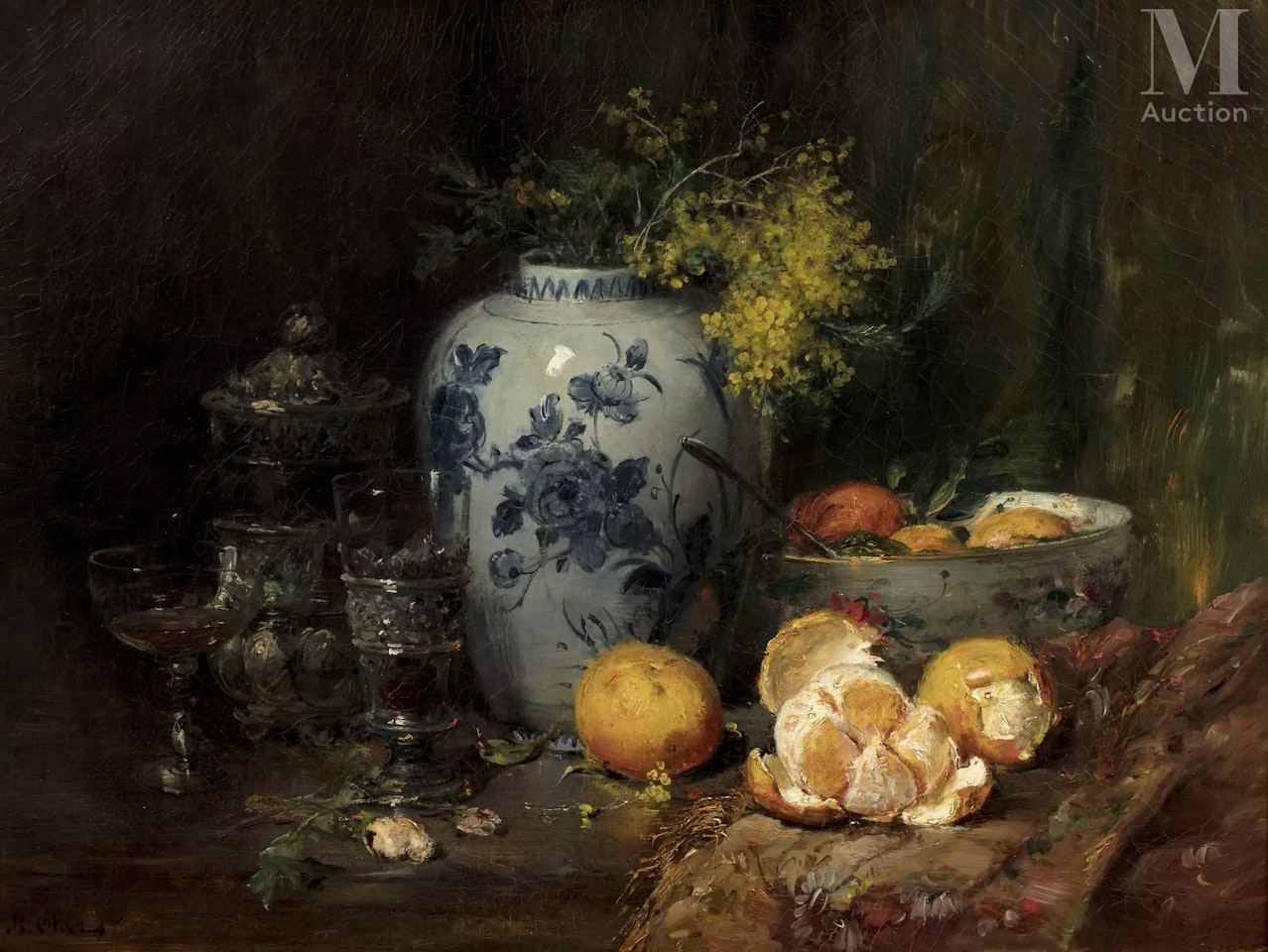 Composition with oranges and mimosa bouquet by Jean Baptiste Olive