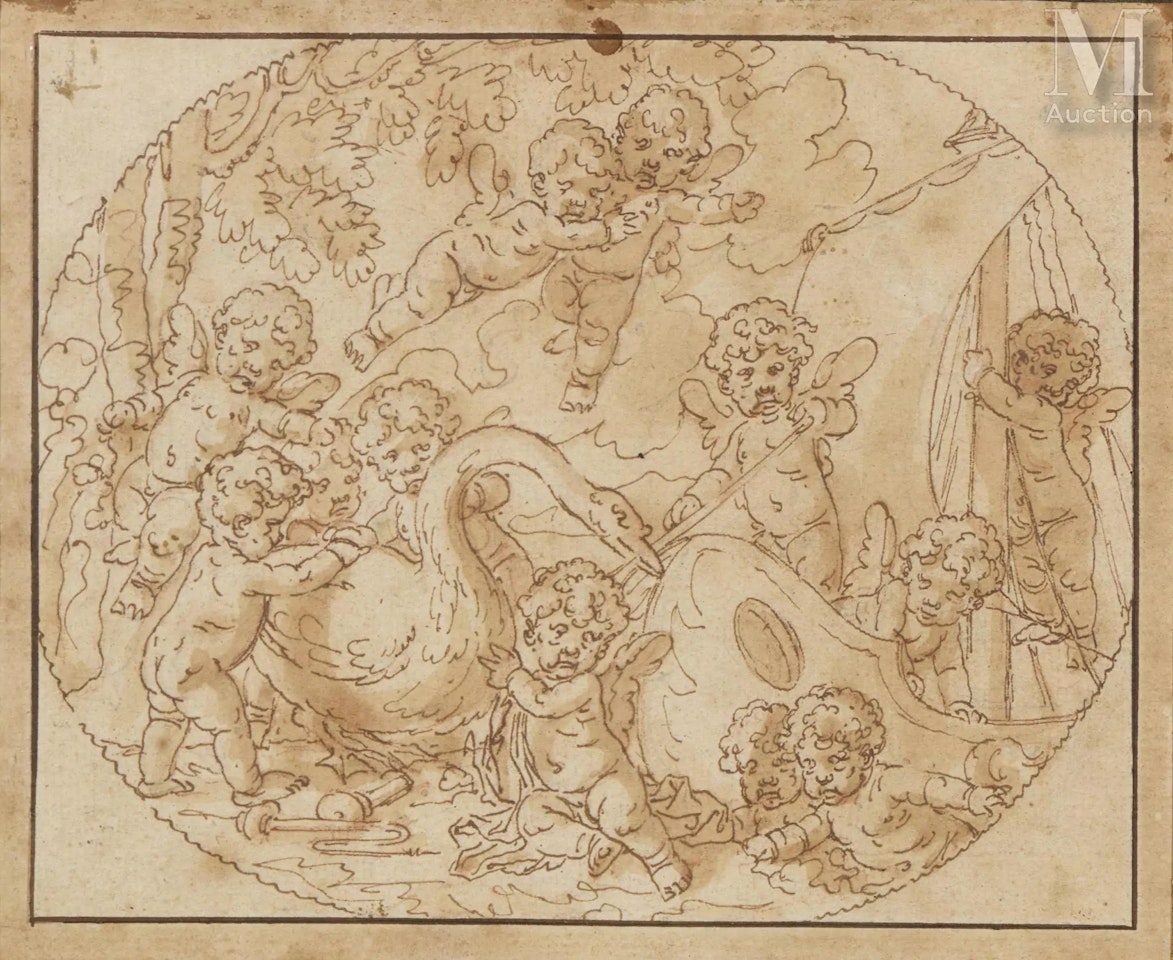 Cherubs on a ship playing with a swan by Louis-Félix de la Rue