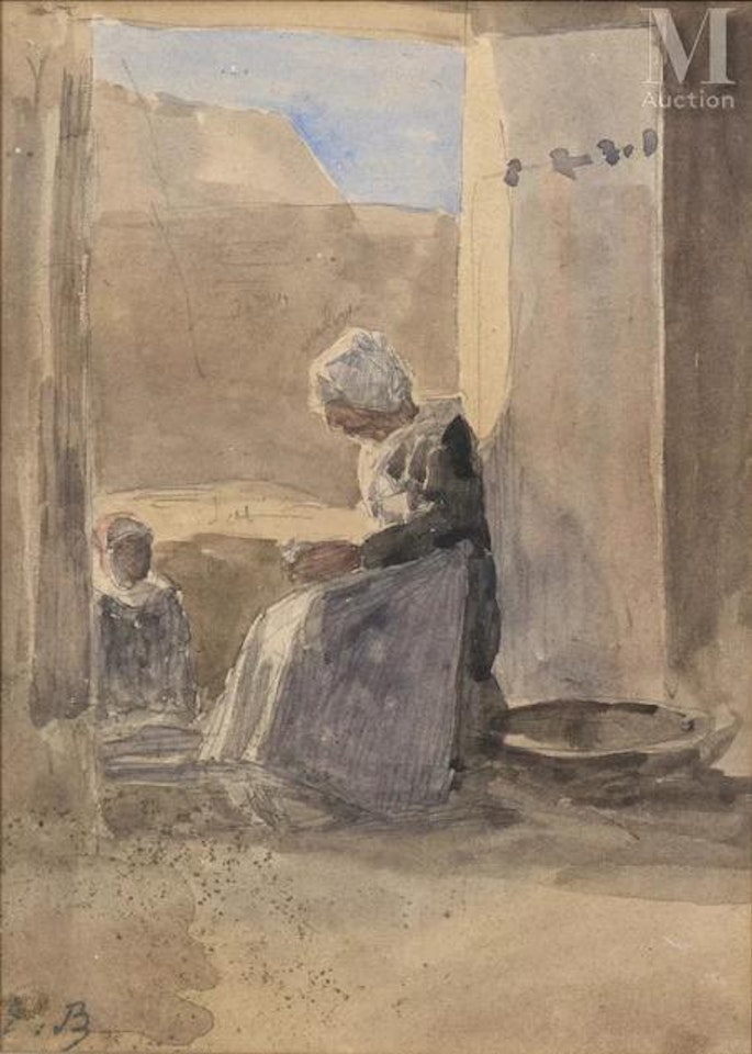 Woman and child on the threshold of a door by Eugène Boudin
