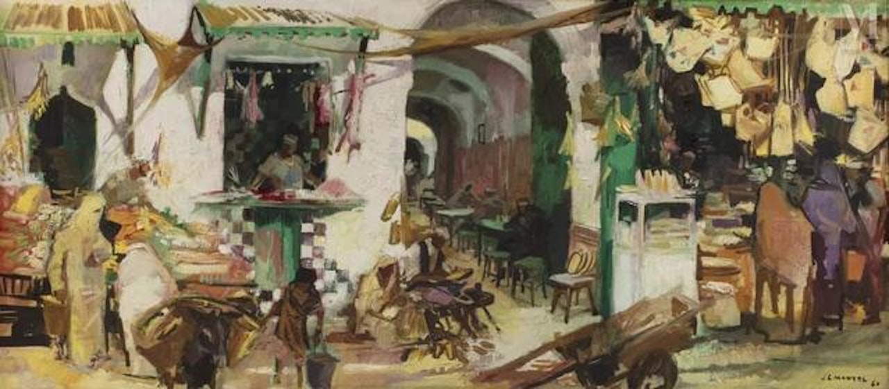 Busy street scene by Jean Gaston Mantel