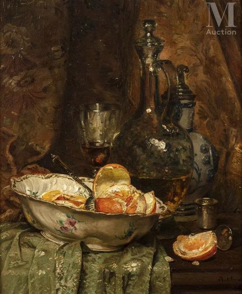 Still life with oranges, earthenware and glassware by Jean Baptiste Olive