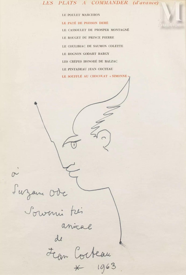 Dedication to Suzanne Odé on the Grand Véfour menu by Jean Cocteau