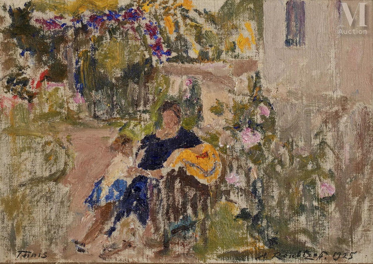 Mother and child in the garden by Alexandre Roubtzoff
