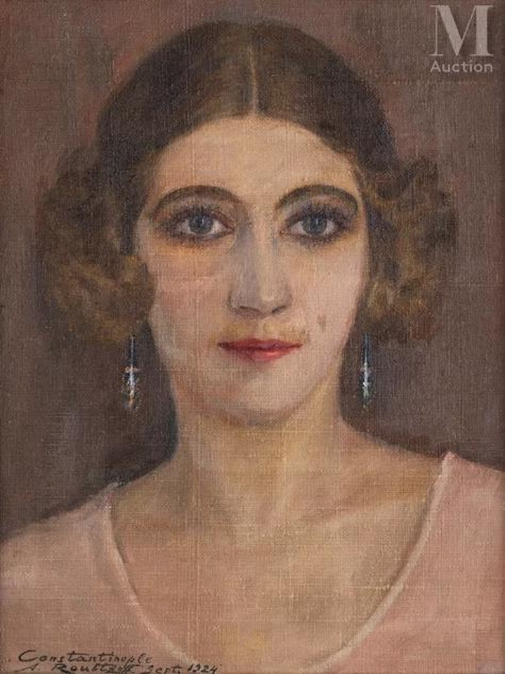 Portrait of young woman in pink dress by Alexandre Roubtzoff