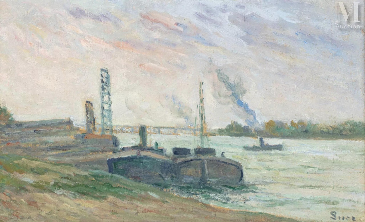 Barges on the banks of the Seine by Maximilien Luce