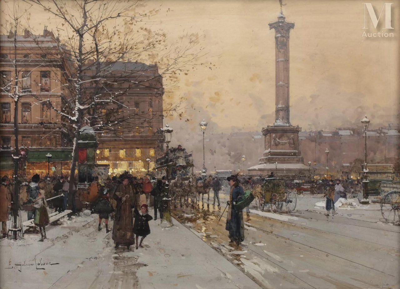 Place de la Bastille bustling under the snow by Eugene Galien-Laloue
