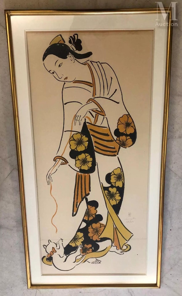 Japanese woman in kimono playing with her cat by Leonard Tsuguharu Foujita