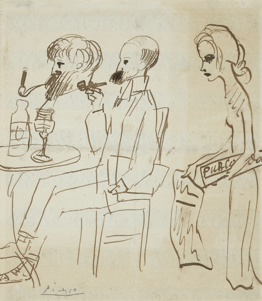 Rusinol, Utrillo et une vendeuse de journaux by Pablo Picasso