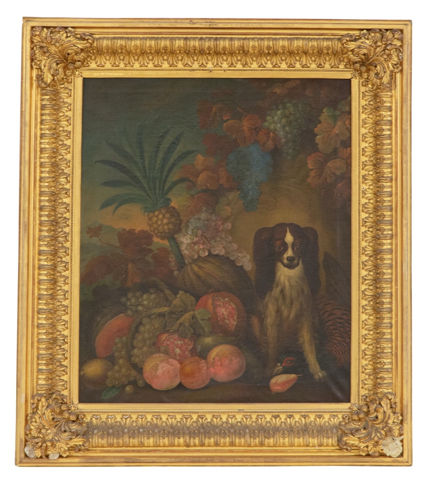 King Charles Spaniel with Tropical Fruit in a Landscape by Continental School