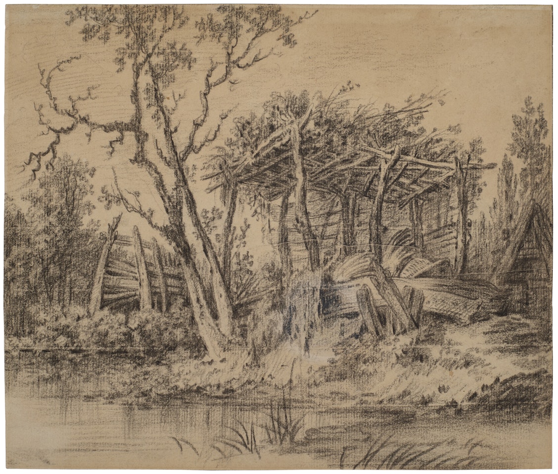 A wooden shelter in picturesque decay by a river by Francois Boucher