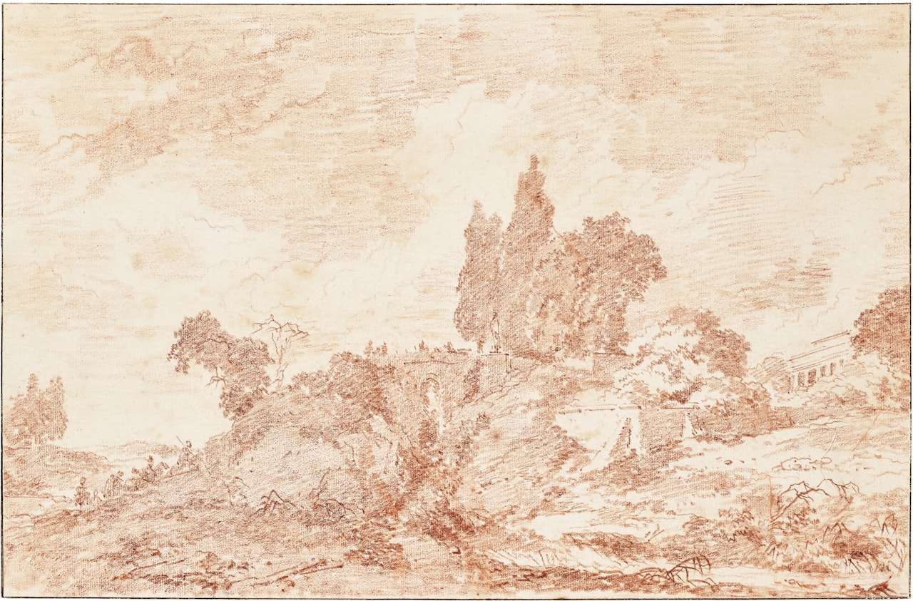 A wooded landscape with a distant villa by Jean-Honoré Fragonard