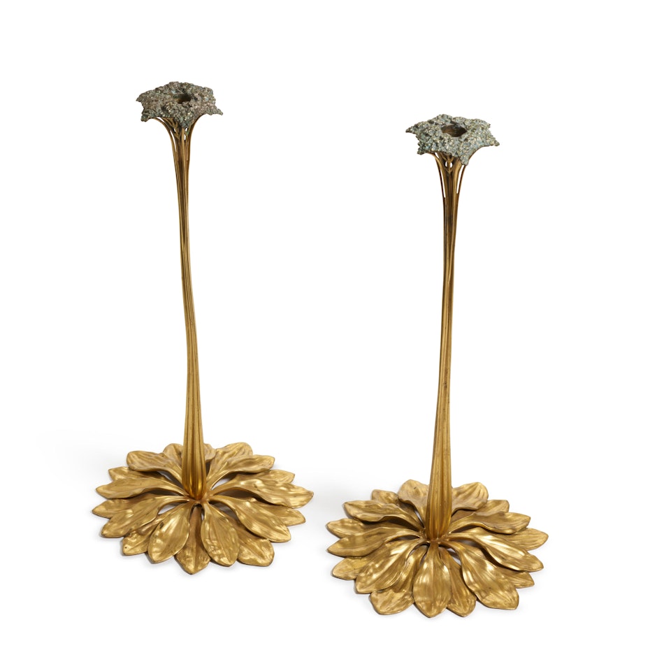 Rare Pair of Saxifrage Candlesticks by Tiffany Studios