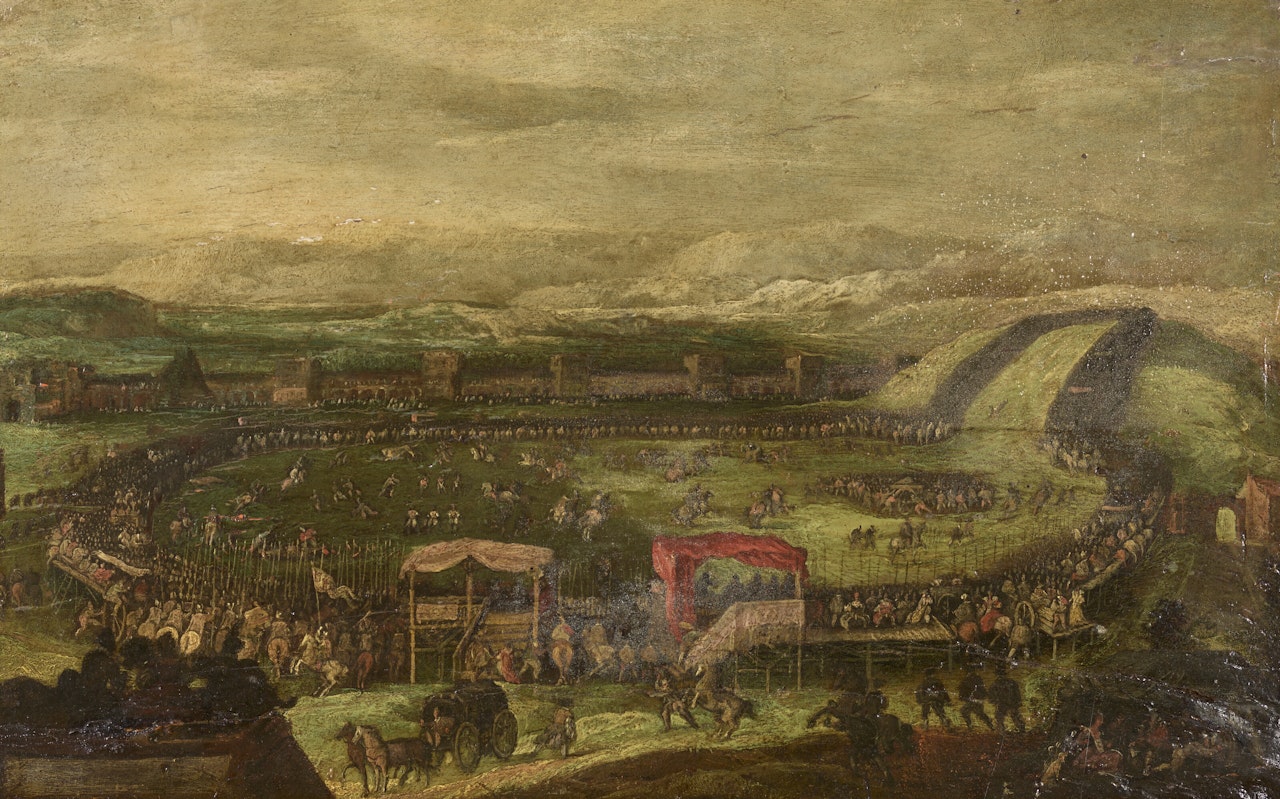 Bull fight in an extensive landscape by Spanish School