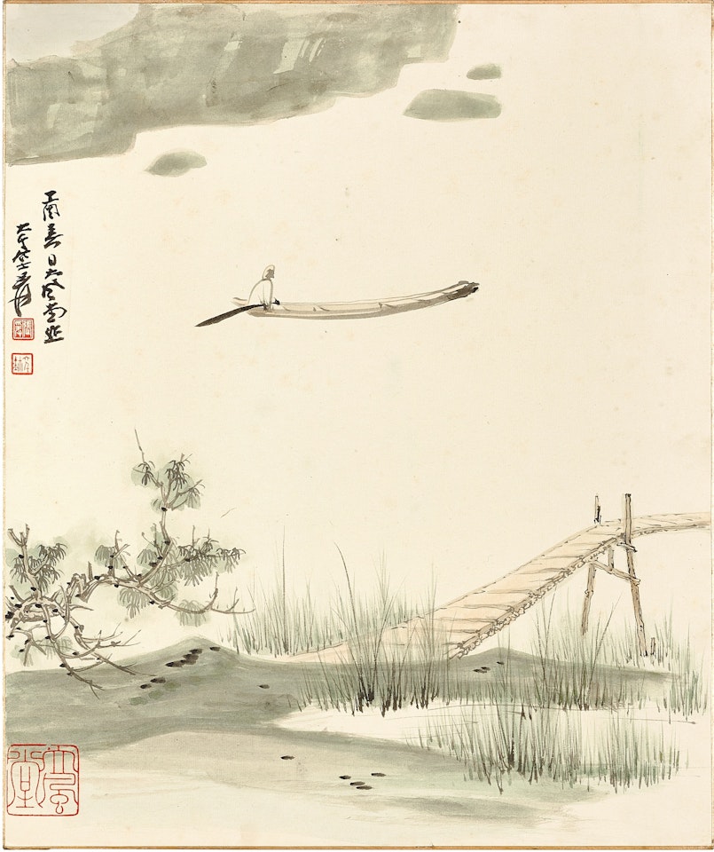 Sailing by lush shore by Zhang Daqian