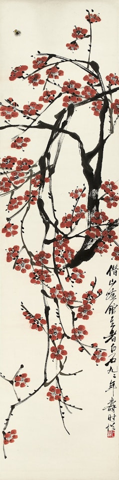 Bee by red plum blossoms by Qi Baishi