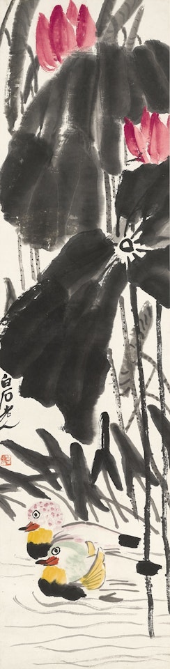 Mandarin ducks by red lotus by Qi Baishi