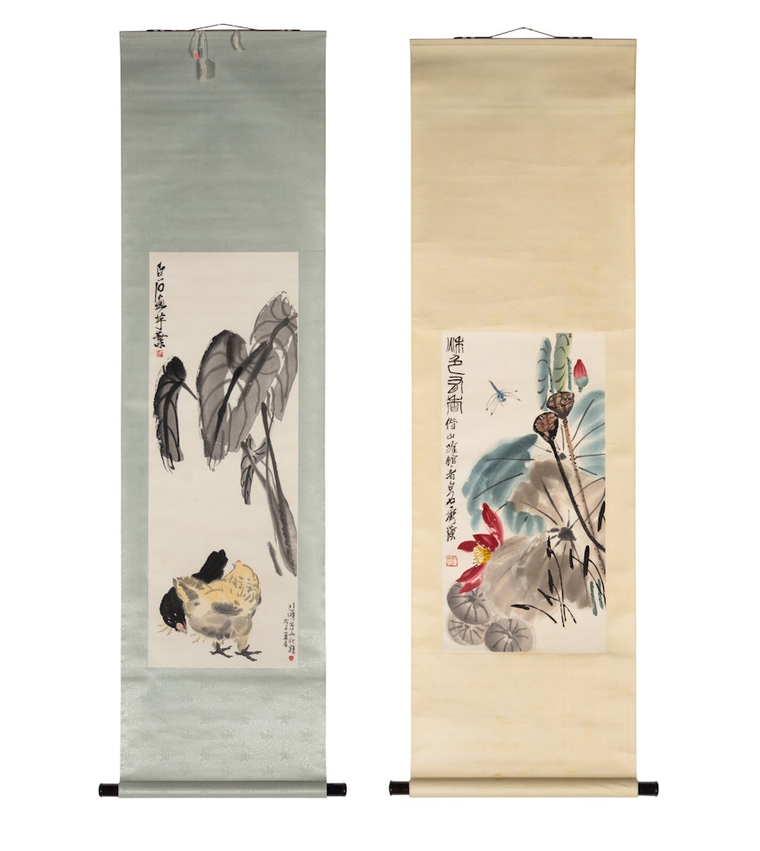 Lotus and Dragonflies; Chickens under Taro Leaves by Qi Baishi