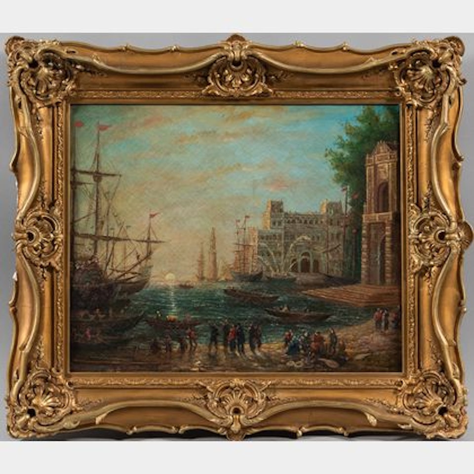 Fanciful Old World Harbor Scene. by Continental School