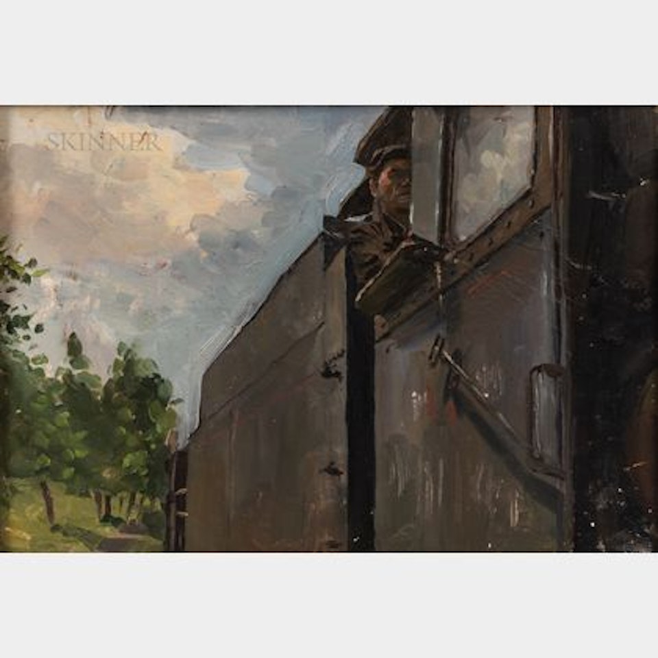 Glimpse of an Engineer in a Locomotive by Russian School