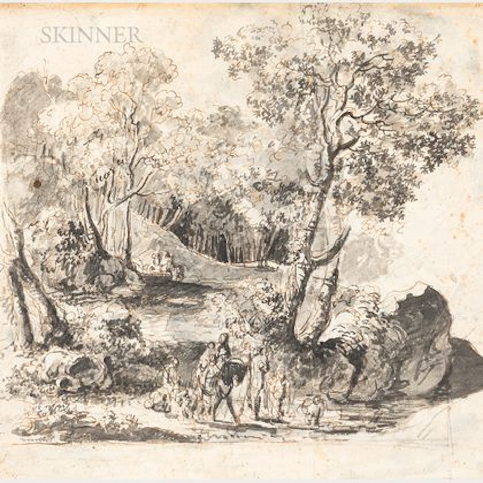 Double-sided Drawing: Figures Travelling in a Wooded Landscape (recto) , Ruins of a Coliseum (verso) by Dutch School