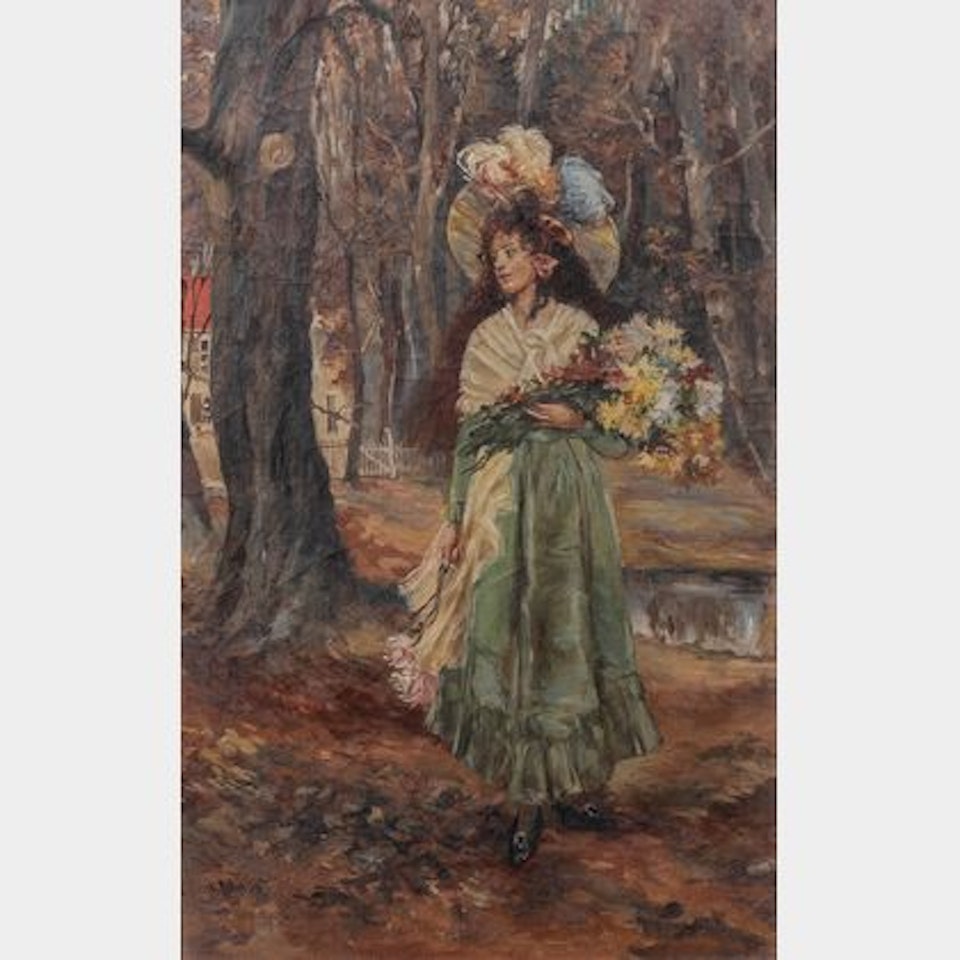 Woman with Bouquet of Flowers by Continental School