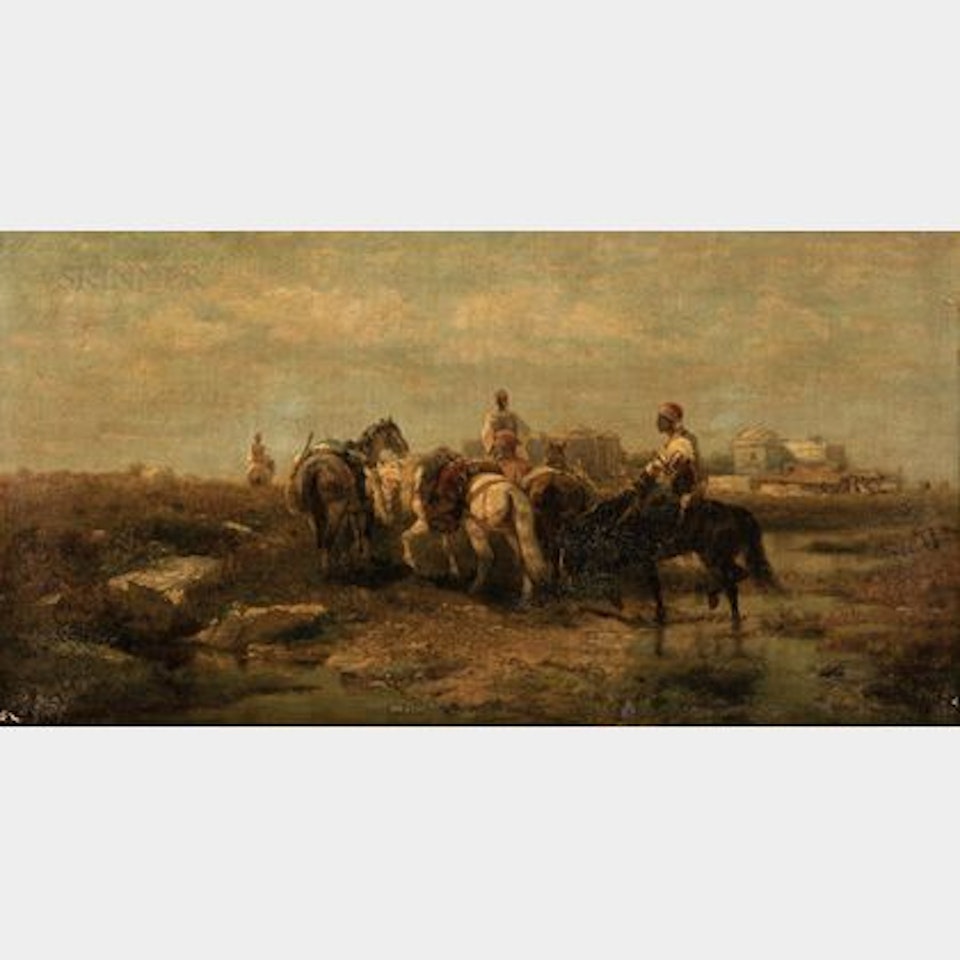 Arab Horsemen with a Village Beyond by Adolf Schreyer
