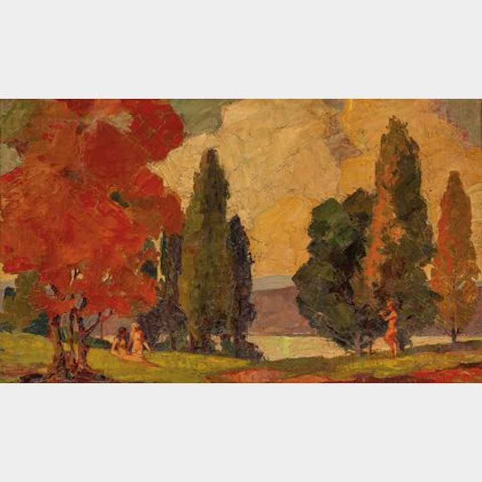 Autumn Landscape with Two Nudes Serenaded by a Faun by Continental School
