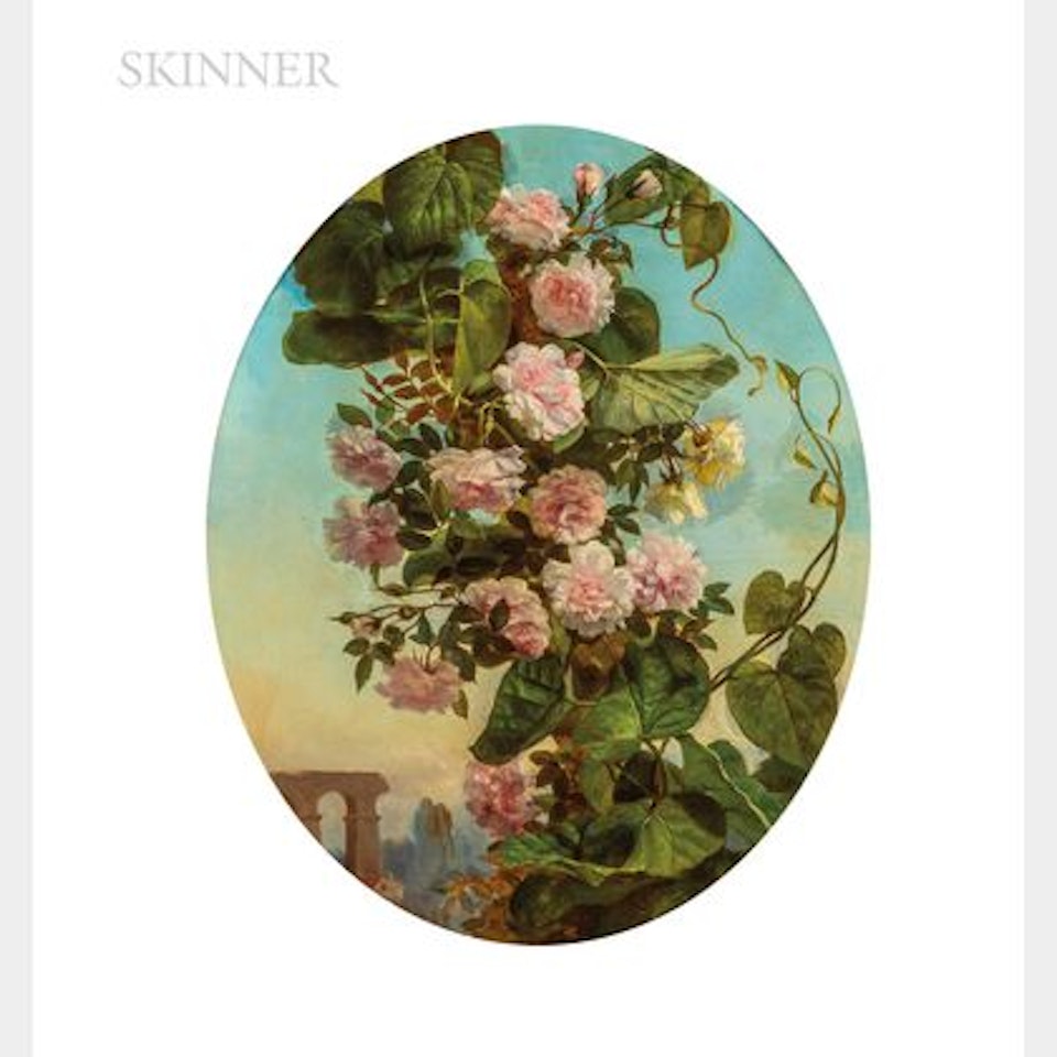 Two Oval Floral Paintings: Climbing Roses with Ruins Beyond and Hollyhocks and Trumpet Vine by Continental School
