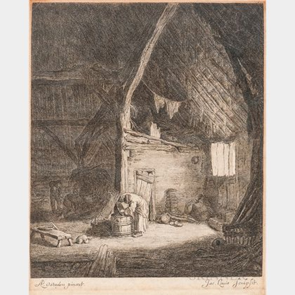Barn Interior with Figures at Work; Livestock with Herdsman and Woman by Dutch School