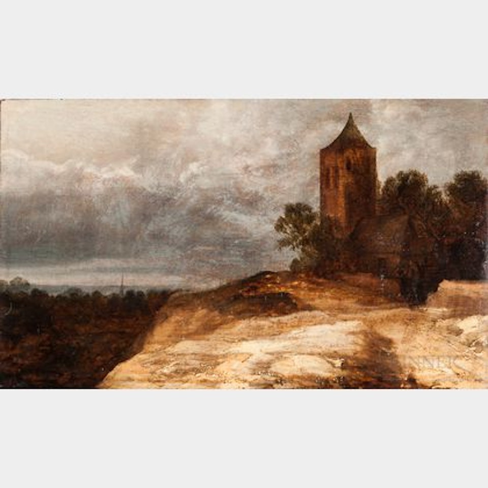 Landscape with Hilltop Tower and Two Figures Under a Gray Sky by Dutch School