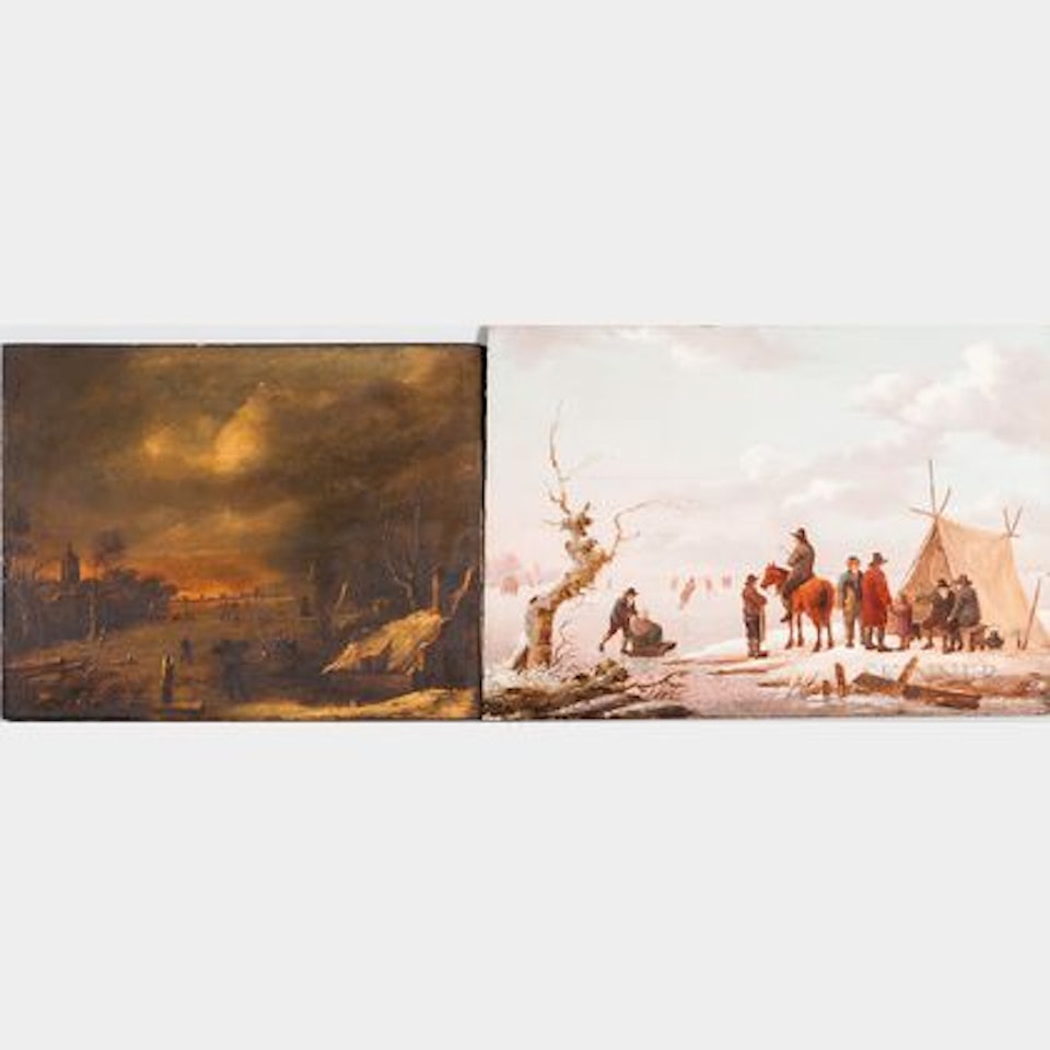 Two Winter Landscapes with Figures on the Ice: Daylight and Dusk by Dutch School
