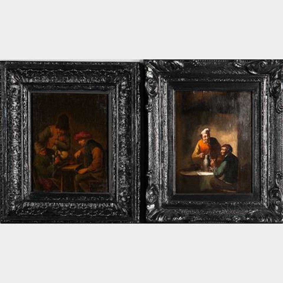 Two Tavern Scenes with Men Drinking at Tables: Short Measure and Two Men with Pipes by Dutch School