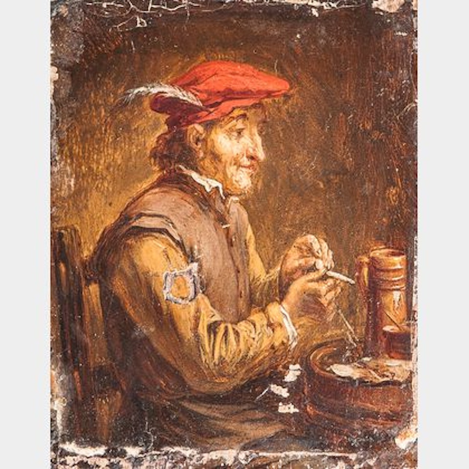 Three Tavern Scenes: Man in Red Cap Filing His Pipe Jovial Friends at a Table , and Smokers Gathered Near a Hearth by Dutch School