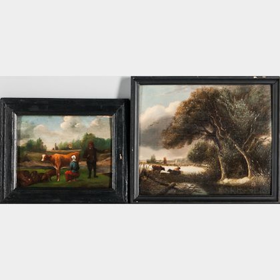 Two Scenes: Milkmaid with Cow and Pigs and Landscape with Cows at Rest by the Waterside by Dutch School