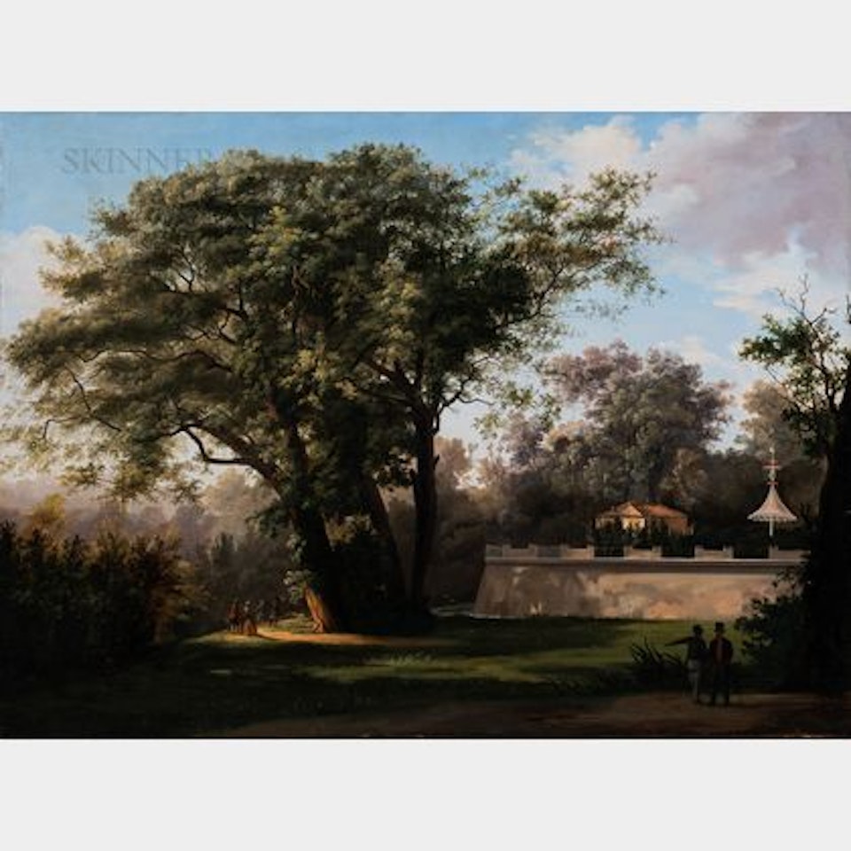 Figures on a Tree-lined Path Beside a Fanciful Moated Compound by Continental School