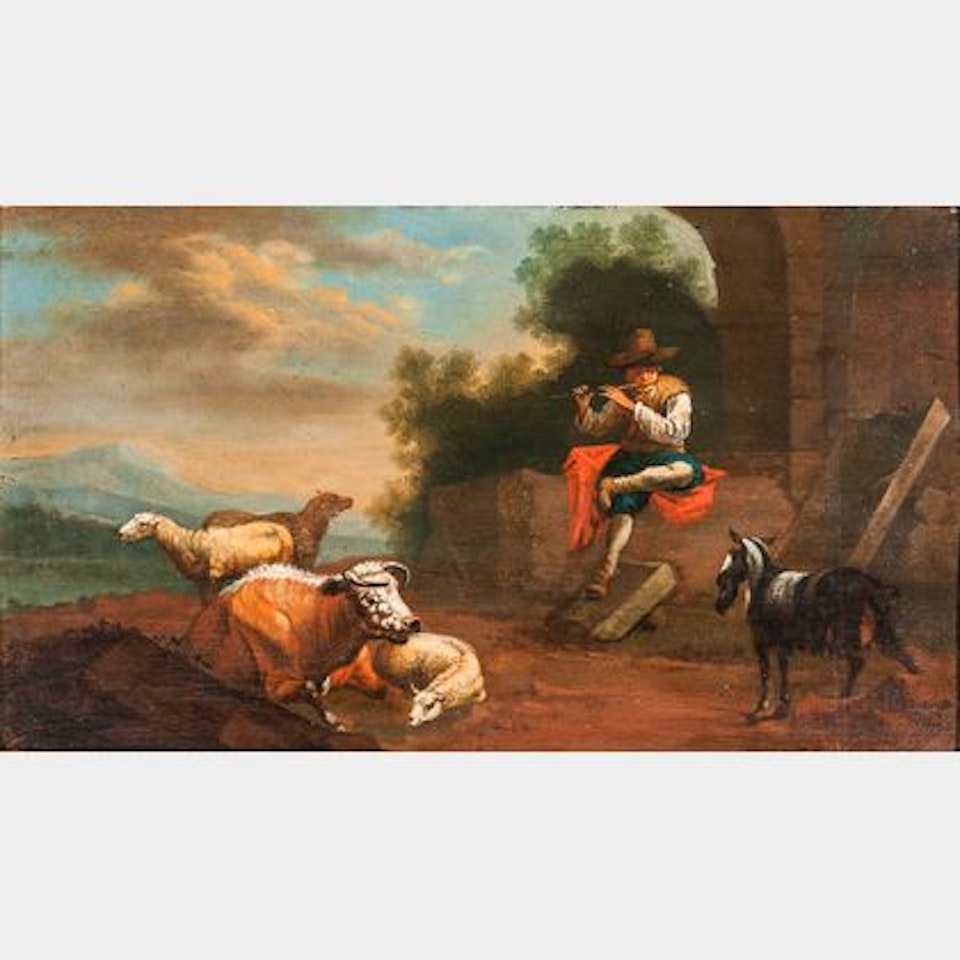 Shepherd Boy Playing a Flute with a Cow, Sheep, and Goat by Dutch School