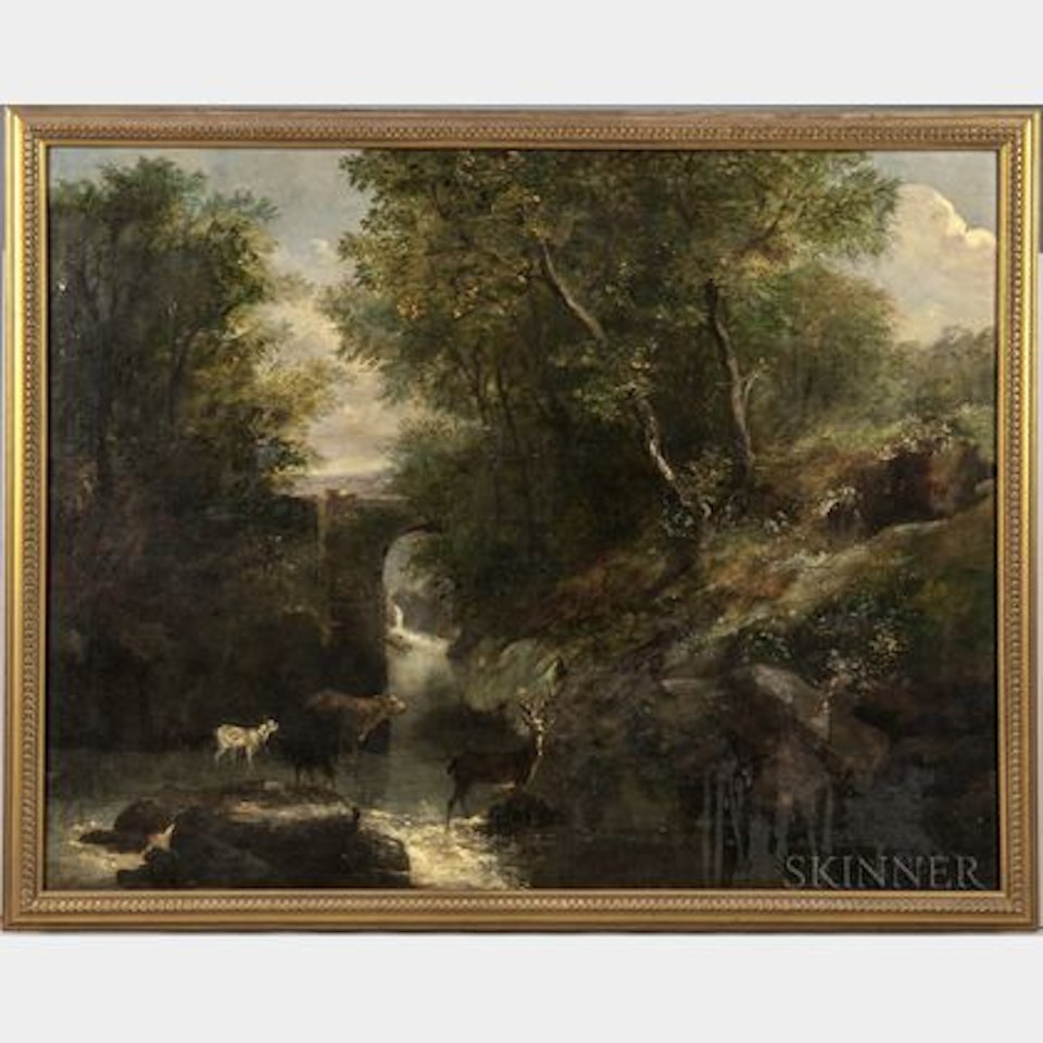 Misty Landscape with Stag and Animals Watering by Continental School