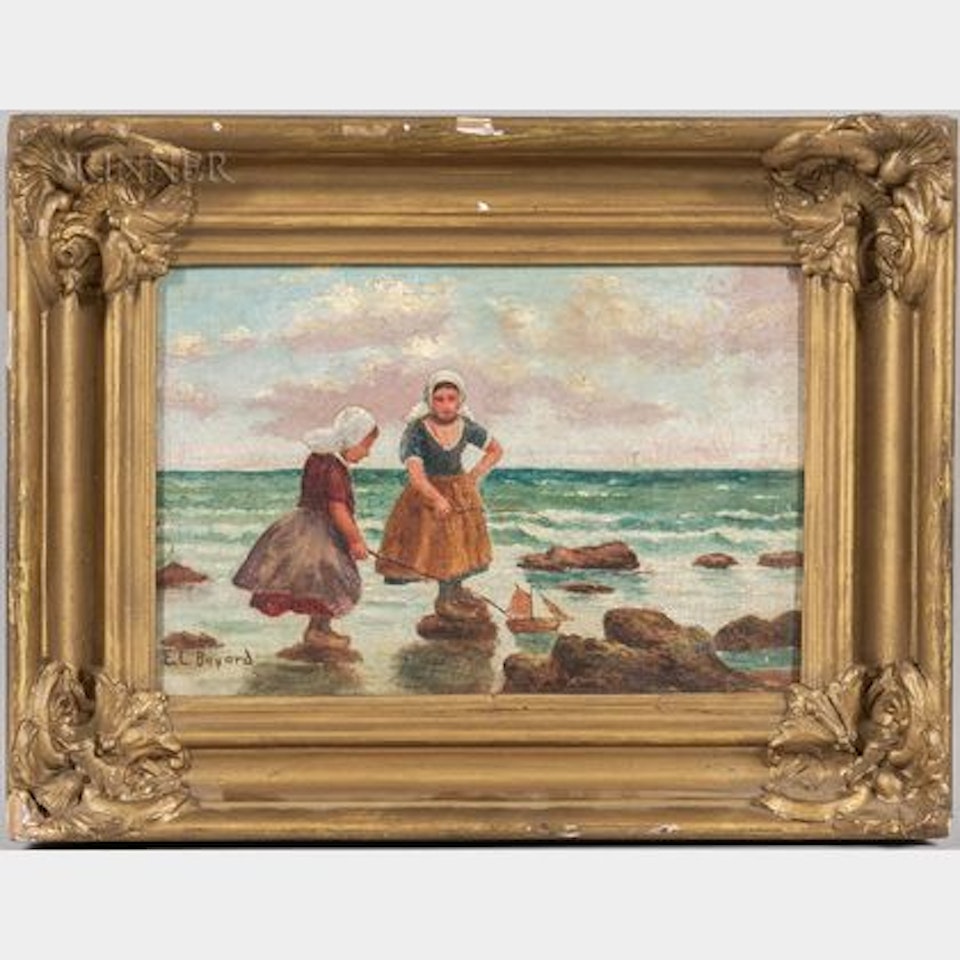 Two Girls with a Toy Boat by Continental School