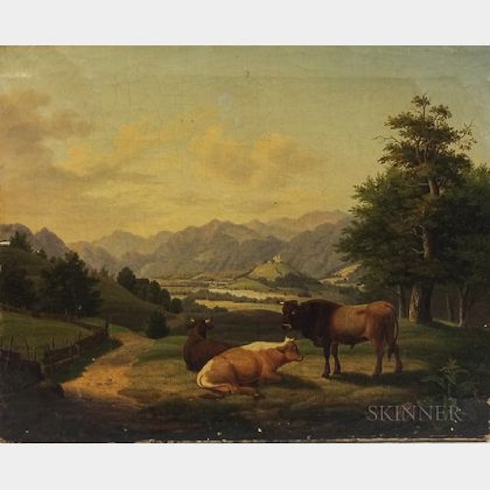 Cattle in a Meadow Overlooking Mountains and a Distant Castle by Continental School
