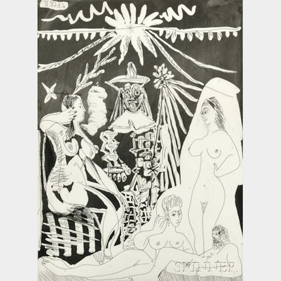 Homme allongé, avec deux femmes, évoquant les rapports d"un vieux clown et d"une jeune fille; plate 18 from La Série 347 by Pablo Picasso