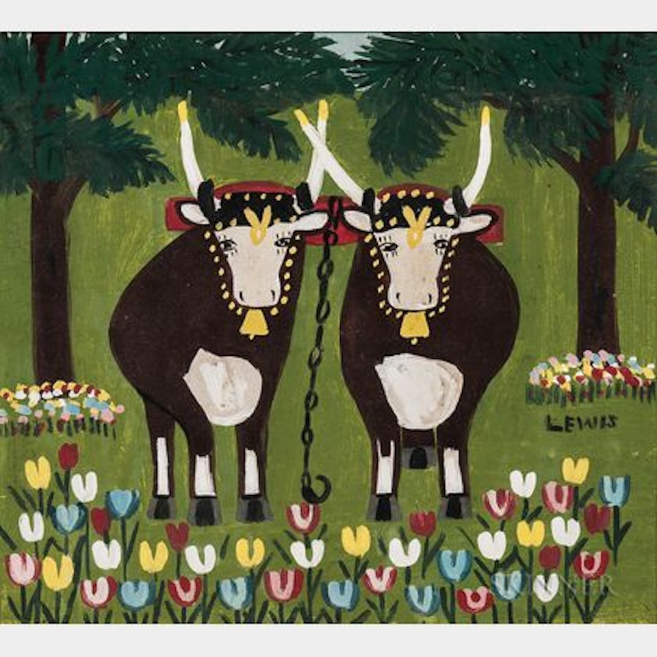 Two Oxen by a Tulip Garden by Maud Lewis