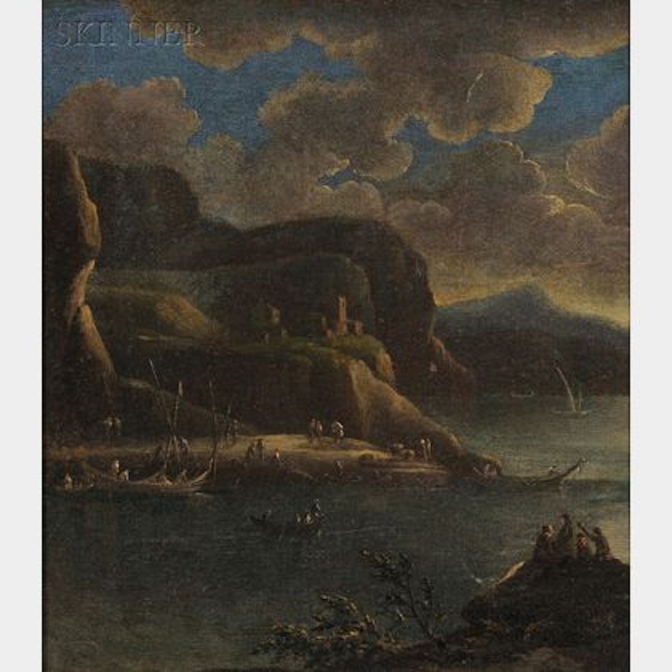 Nocturnal Shore View of Fishing Boats by a Coast with Cliffs by French School